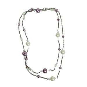 Silver Chain Necklace with Purple & White Pearls & Beads Approx 53" Length Clasp